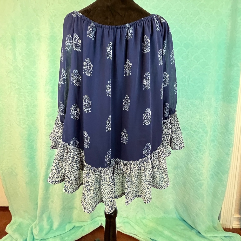Lucky Brand Blue White Floral Peasant Blouse 3/4 Sleeve Off Shoulder Large
